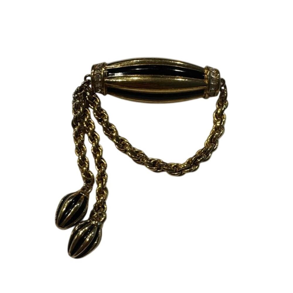 Gold Tone Link Bracelet with Black Enamel Bar, Rhinestone Accents, Dangle Chain